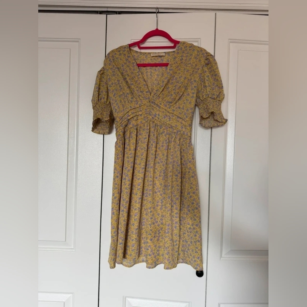 Yellow Floral V-Neck Midi Dress